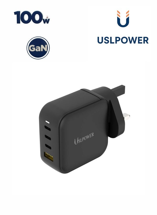 USLPOWER 100W GaN Power Adapter, 4-Port USB-C & USB-A PD Fast Charger, UK Plug Wall Charger for MacBook Pro/Air, iPhone 16/15, iPad, Samsung Galaxy, Laptops & Tablets - Image 1